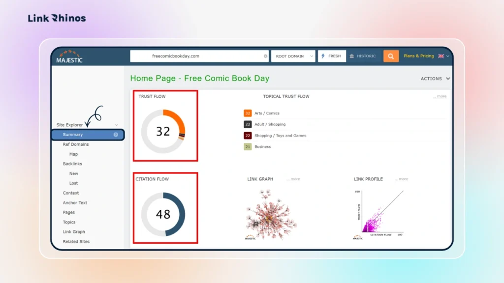 Step 2: On the Summary tab, check Trust Flow and Citation Flow 