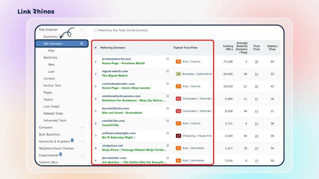 Step 3: Click Ref Domains to view all referring domains with their Trust Flow