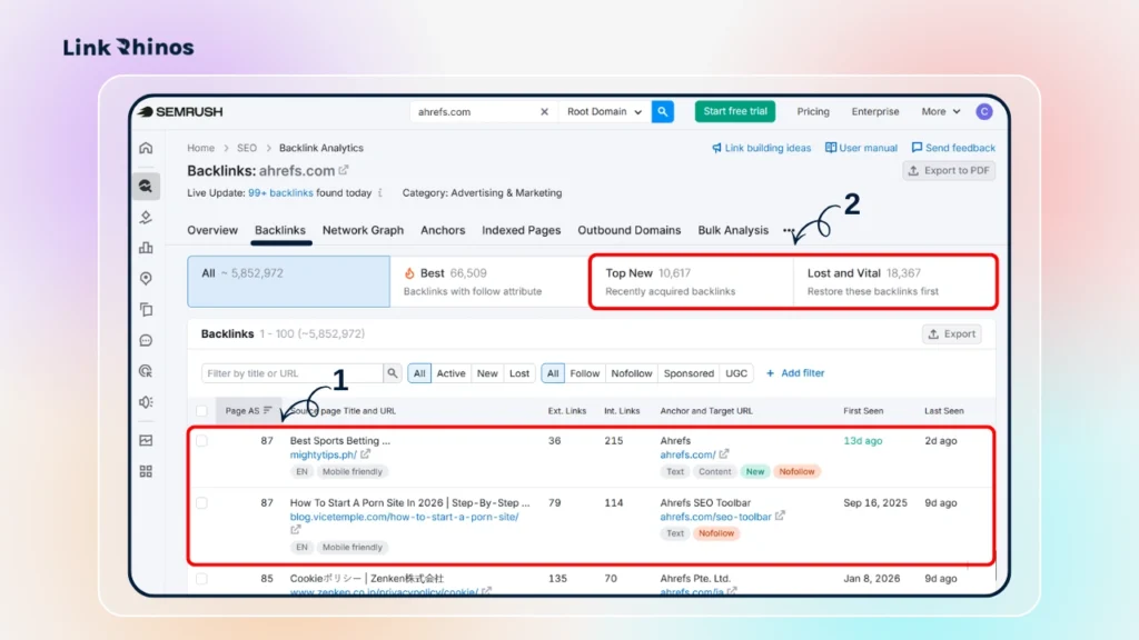 Semrush backlink paid overview-Backlinks-new-lost