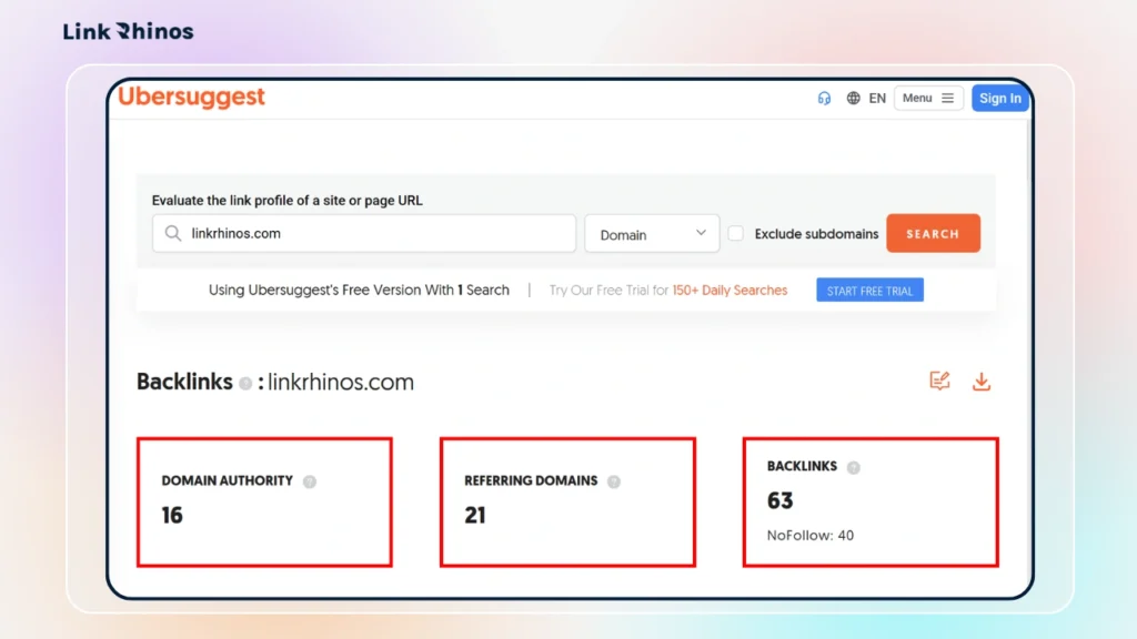 Ubersuggest Backlink Checker-result 
